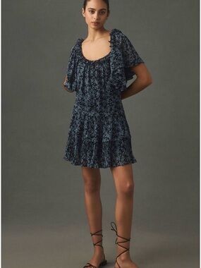 Anthropologie Navy Floral Scoop-Neck Tiered Mini Dress